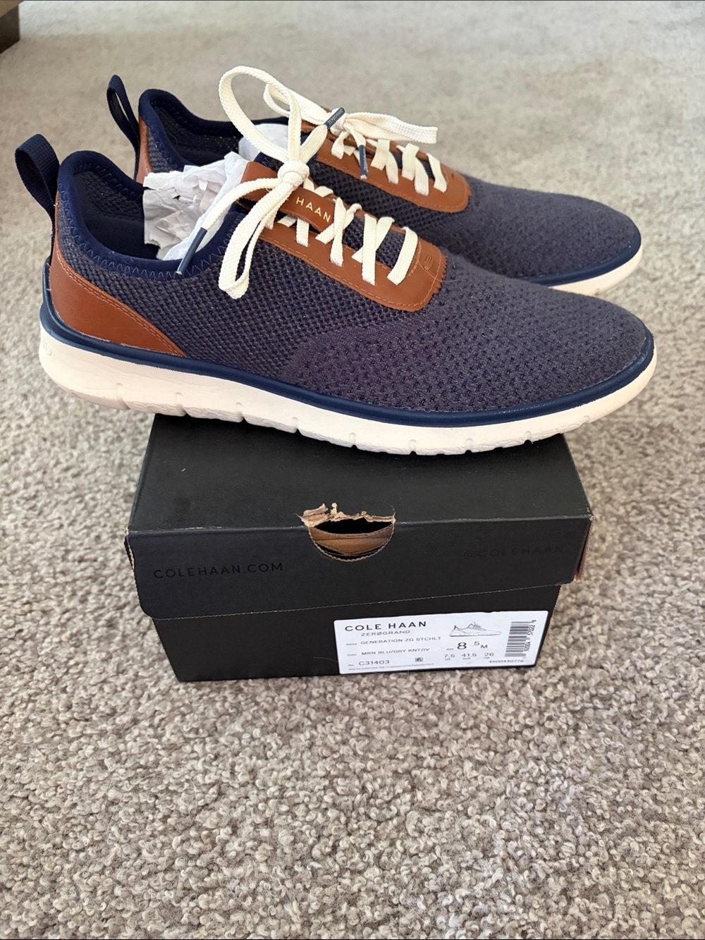 Cole Haan Navy Knit Sneakers with Brown Leather Accents